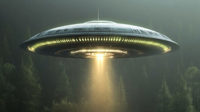 A ufo hovers over a forest emitting a bright beam of light in a mysterious and eerie atmosphere
