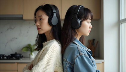 Lesbian LGBTQIA+ autistic couple with headphones standing back to back in kitchen reflecting neurodiverse equality and calm