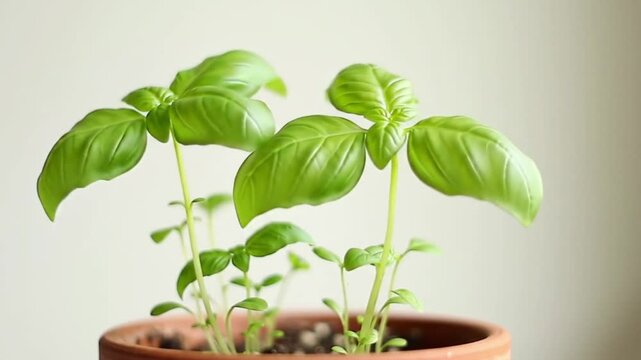 Thulasi two healthy basil plants thriving in terracotta pot, perfect for gardening, wellness, fresh herbs, aroma, home decor concepts.