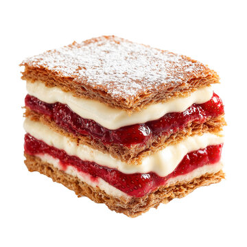 Layered puff pastry dessert with vanilla cream and strawberry jam, isolated on black background, elegant and delicious.