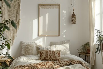 Creative Composition of Bedroom with Mock Up Poster Frame and Boho Accessories Template