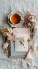 Romantic Flat Lay with Blank Card, Dried Flowers and Tea on Soft Linen Background