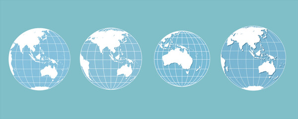 World globes maps set. Europe, Asia, North and South America, Oceania, Africa globe maps. Earth globe icons isolated on blue background. Vector illustration