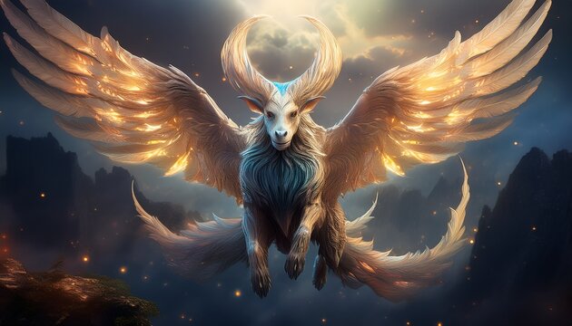 flying mammalian fantasy creature with feathered wings
