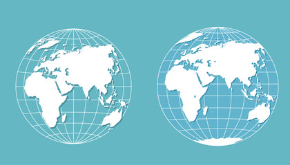 World globes maps set. Europe, Asia, North and South America, Oceania, Africa globe maps. Earth globe icons isolated on blue background. Vector illustration