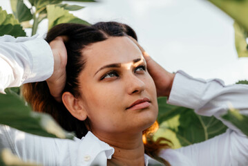 Portrait of a real happy woman without makeup, who looks thoughtfully into the distance. Meditation...
