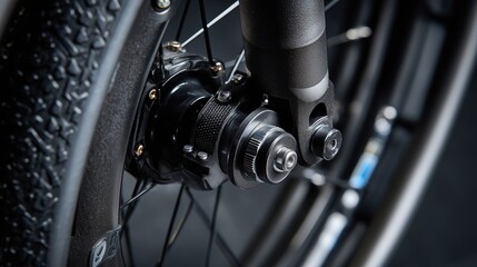 Macro shot of a manual wheelchair brake mechanism and rubber tire tread detail, assistive medical equipment for mobility and accessibility, studio lighting, high-resolution close-up