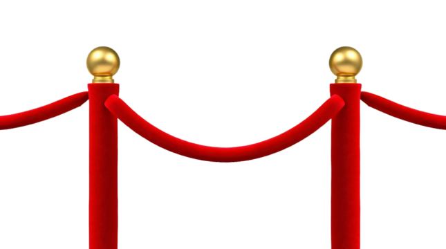Stanchions with red velvet ropes isolated on transparent background