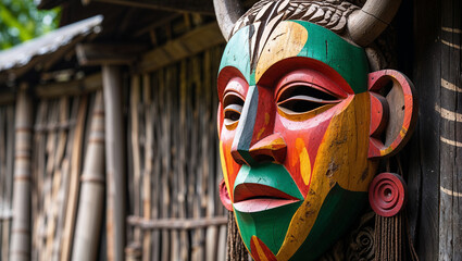 Colorful hand carved african tribal mask on wooden post with decorative details