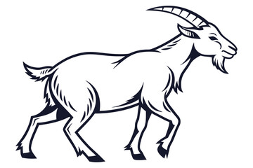 Bold outline depicts a goat strolling, featuring prominent horns and a distinctive beard