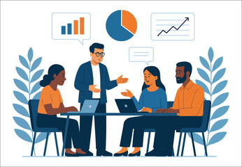 Diverse team in a meeting discussing charts and graphs at a table with laptops and foliage