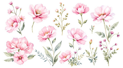 Set of spring flowers, set of flowers, set of colorful flowers Watercolor