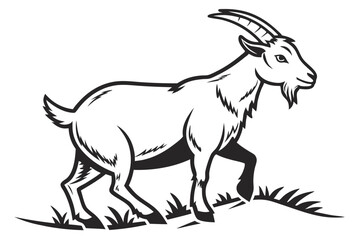 Black and white goat grazes peacefully on the hillside, featuring stylized linework