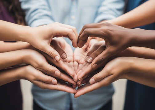 Hands of Diverse People Forming a Heart Shape as a Symbol of Unity and Love