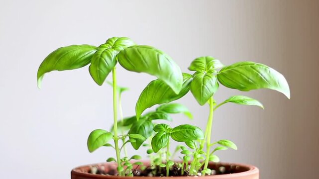 Thulasi two healthy basil plants thriving in terracotta pot, perfect for gardening, wellness, fresh herbs, aroma, home decor concepts.