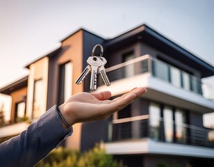 a close up of a hand offering keys symbolizes the exciting journey of homeownership in front of a modern house