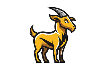 A stylized yellow goat stands gracefully outlined in black with silver horns, a unique visual