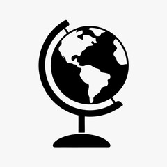 Black and White Globe Icon Showing North and South America on a Stand
