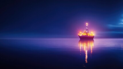 Fototapeta premium Illuminated Offshore Oil Rig at Night with Calm Water and Starry Sky Reflection