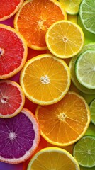 Obraz premium Ultra quality image of colorful background with citrus fruits, oranges and lemons, limes, rainbow-colored background, high resolution, high detail, vibrant colors.