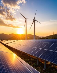 Sunset Solar Panels  Wind Turbines Green Energy.