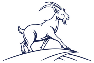 Outlined goat with long horns is standing confidently on the top of a hill