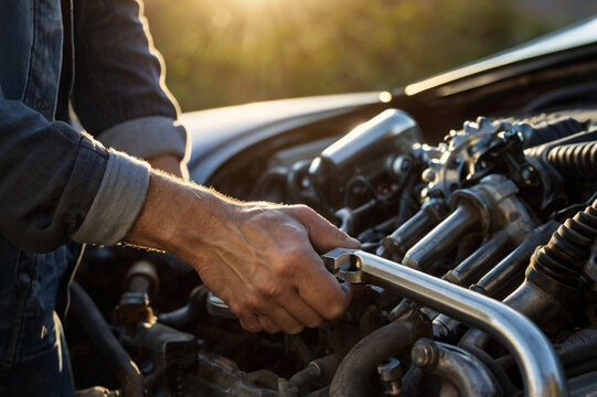 Mechanic repairing car engine outdoors sunset