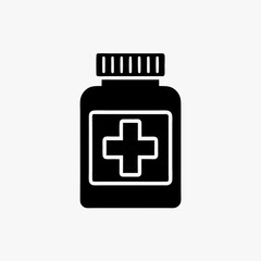 Fototapeta premium Black Medicine Bottle Icon with Medical Cross Symbol Isolated on White Background 