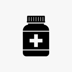 Fototapeta premium Black Medicine Bottle Icon with Medical Cross Symbol Isolated on White Background 