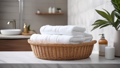 beige woven basket with white towels in modern bathroom