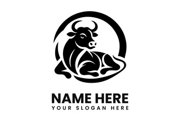 A stylized, black and white logo depicting a reclining bull within a circular frame.