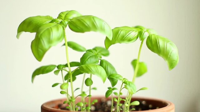 Thulasi two healthy basil plants thriving in terracotta pot, perfect for gardening, wellness, fresh herbs, aroma, home decor concepts.