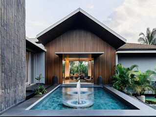  The grand entrance of a modern tropical villa, featuring a wood-paneled gable and a serene water fountain leading to the open-air entryway.