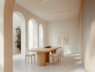 A serene and minimalist dining room with arched doorways, a large wooden table, and soft, natural sunlight creating a peaceful ambiance.