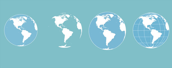 World globes maps set. Europe, Asia, North and South America, Oceania, Africa globe maps. Earth globe icons isolated on blue background. Vector illustration
