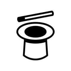 Black and White Magic Icon Featuring a Hat and Wand Illustration