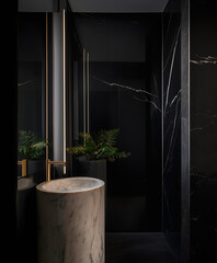A dramatic and luxurious powder room featuring black marble walls and a modern, cylindrical stone pedestal sink.