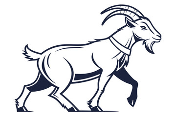 black and white goat walks confidently across a solid white background