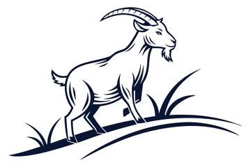 An isolated goat illustration with large horns standing on grassy terrain