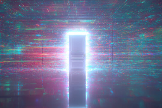 otherworldly and alternate dimension portal Cyber Portal Door Amidst Flying Digital Cube Particles
