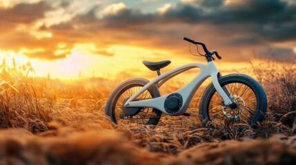 Modern Electric Bicycle Stationed in Golden Field Under Dramatic Sunset Cloudscape, Showcasing Nature's Beauty and Innovative Design