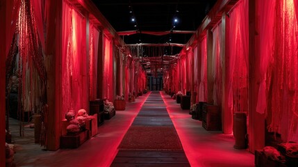 Fototapeta premium Dark corridor filled with hanging skeletons, chains, and red backlighting for scary atmosphere