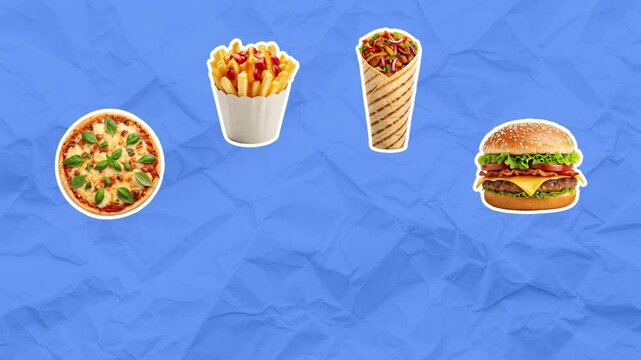Presentation of various fast food for cafe advertising: pizza, burger, kebab and French fries. Fast food concept. Empty space for text. Stop motion animation on blue paper background