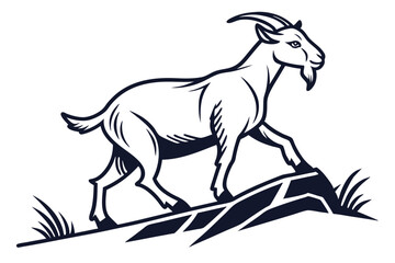 Fototapeta premium A stylized goat with beard confidently climbs rocky terrain with minimal line details