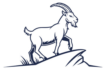 Outline of a majestic goat confidently steps over jagged rocks with grass details