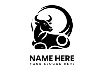 A stylized black bull logo, resting within a circular design, with text below.