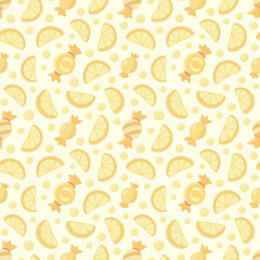 Seamless pattern with lemon slices and candies