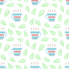 Seamless pattern with tea cups and leaves