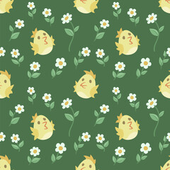 Seamless pattern with cute chicks and daisies