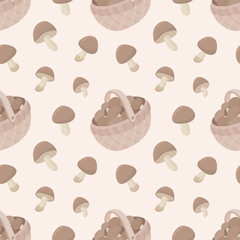Seamless pattern with mushrooms and baskets